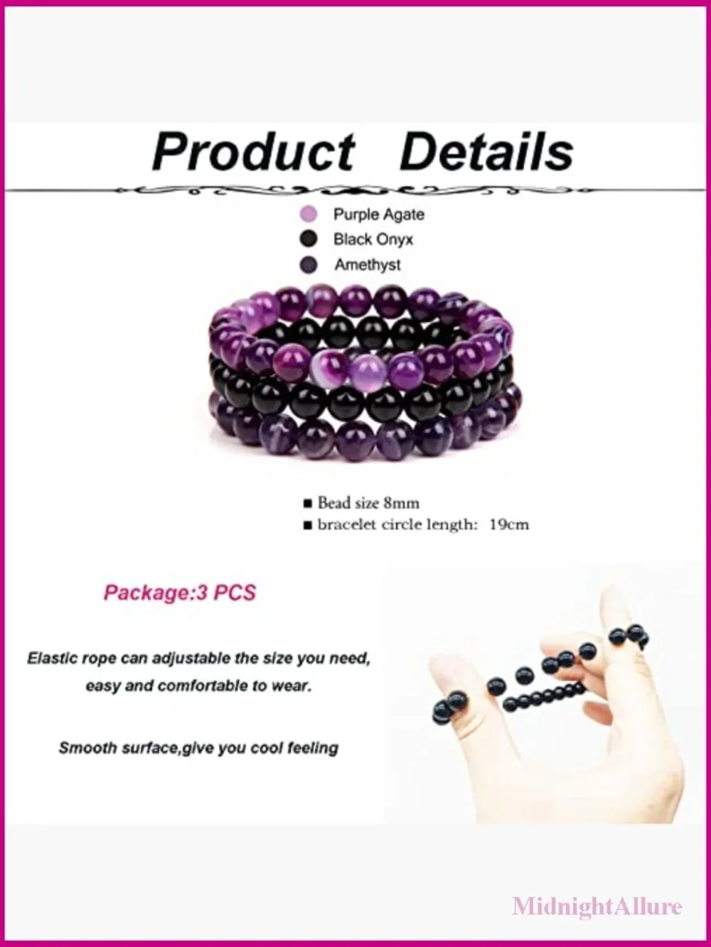 3-Piece 8mm Semi-Precious Gemstone Stretch Beaded Bracelet Set Unisex